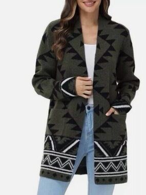 Frye Olive and Black Geometric Open-Front Cardigan